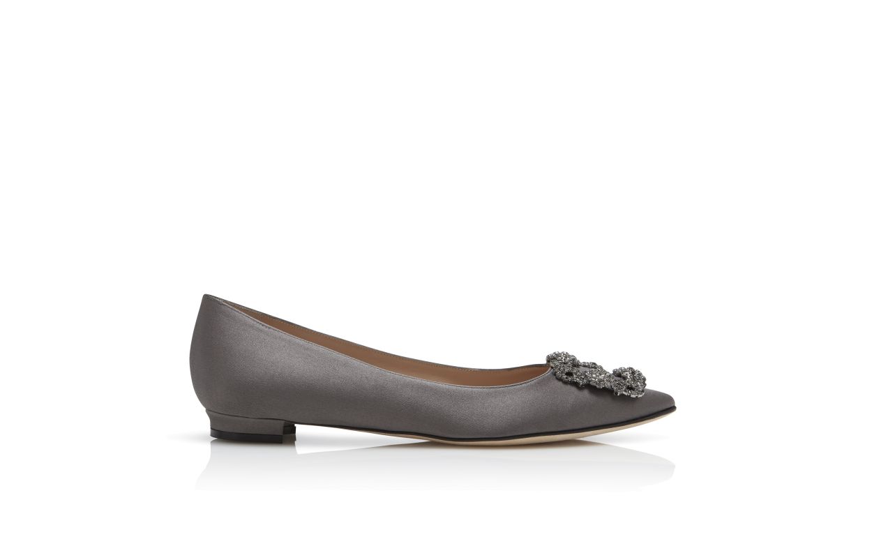 Grey Satin Jewel Buckle Flat Pumps