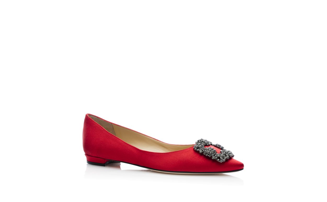 Red Satin Jewel Buckle Flat Pumps