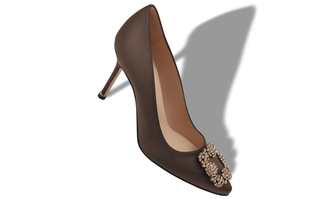Brown Satin Jewel Buckle Pumps