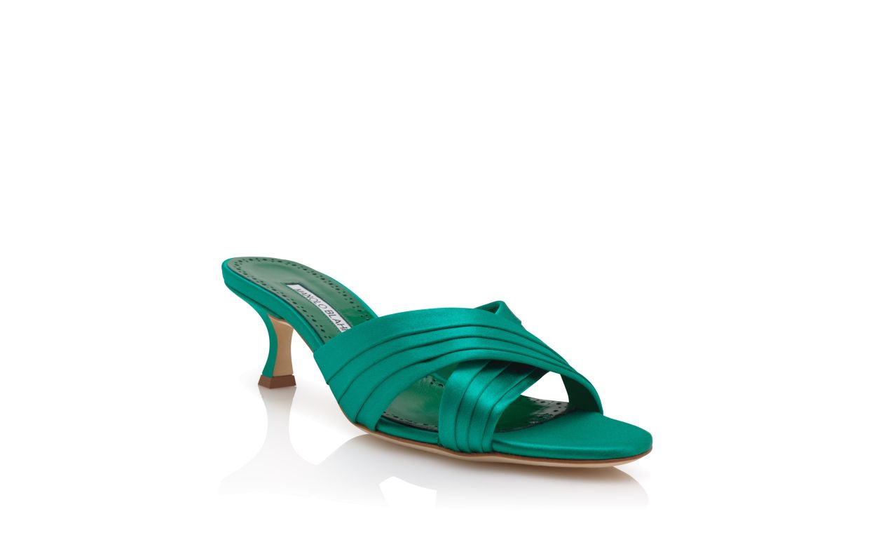 Green Satin Pleated Detail Mules
