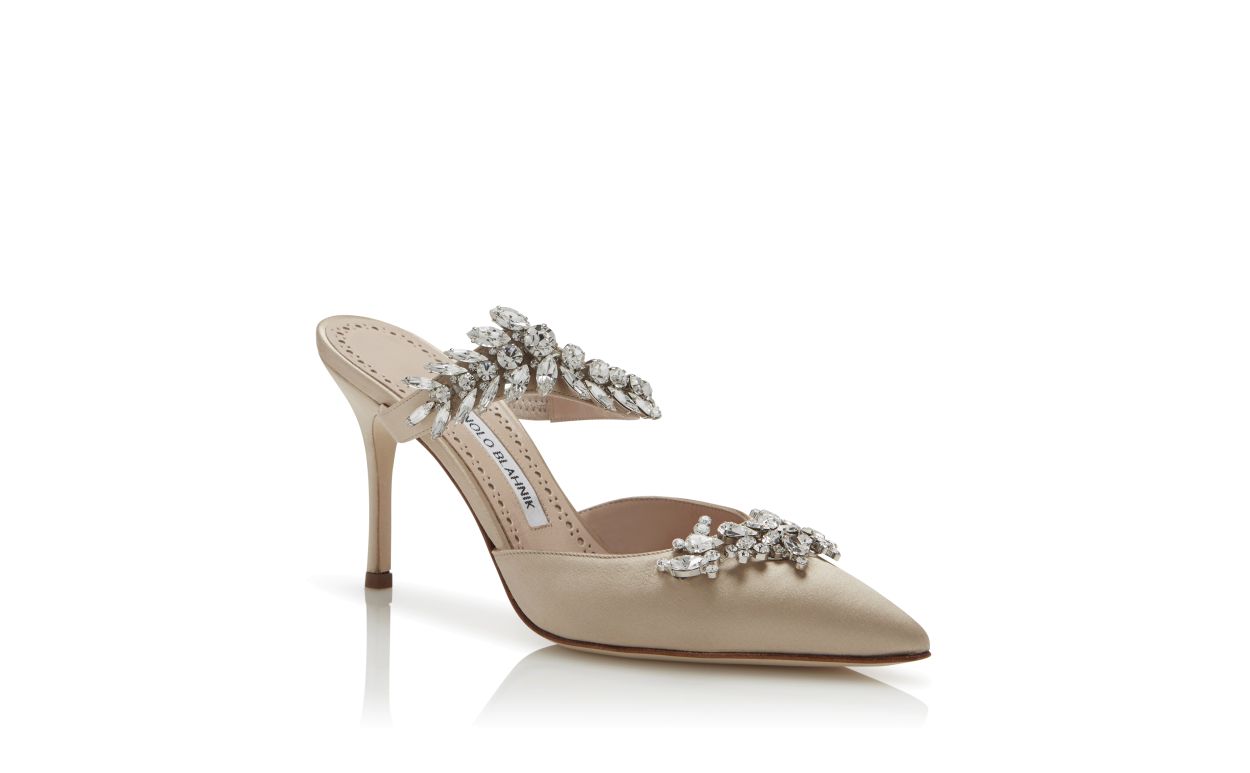 Champagne Satin Crystal Embellished Mules