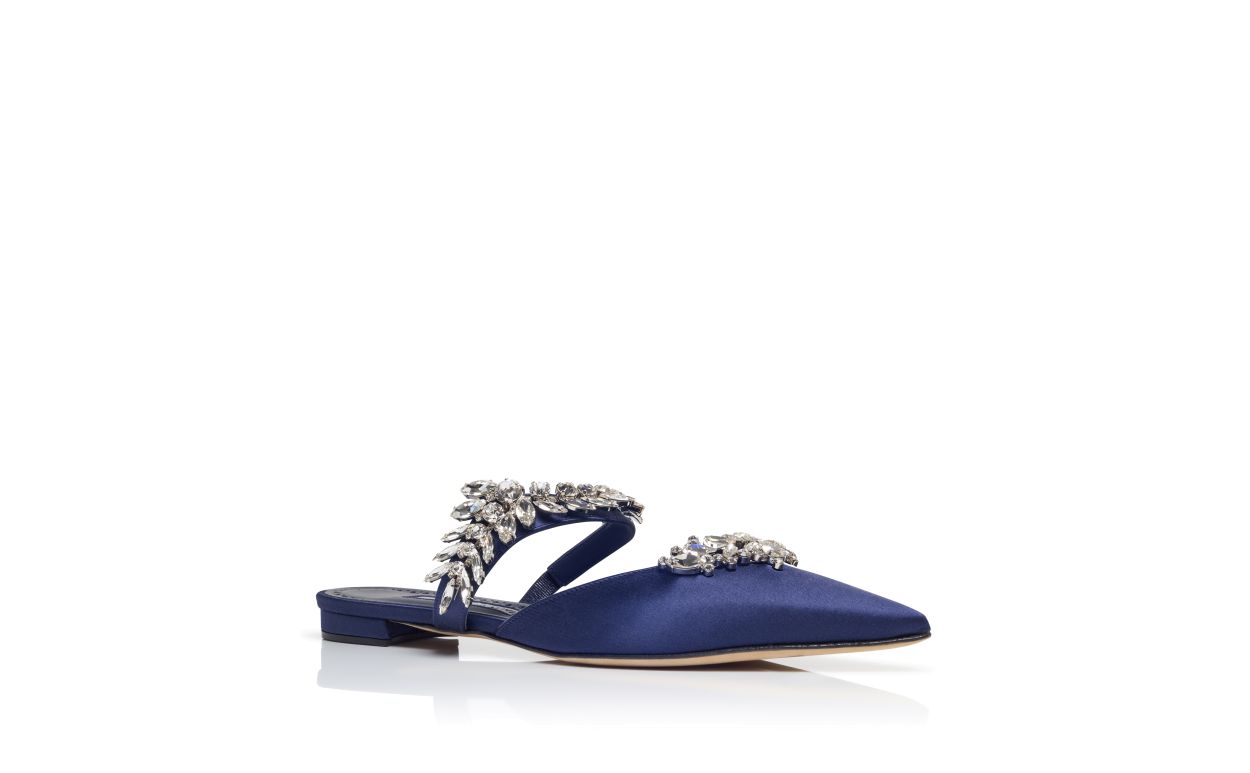 Navy Blue Satin Crystal Embellished Flat Mules