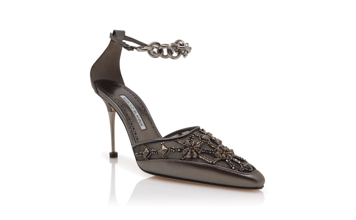 Graphite Nappa Leather Jewel Embellished Ankle Strap Pumps