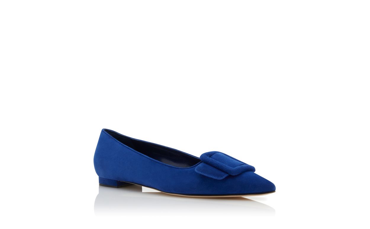 Blue Suede Buckle Detail Flat Pumps