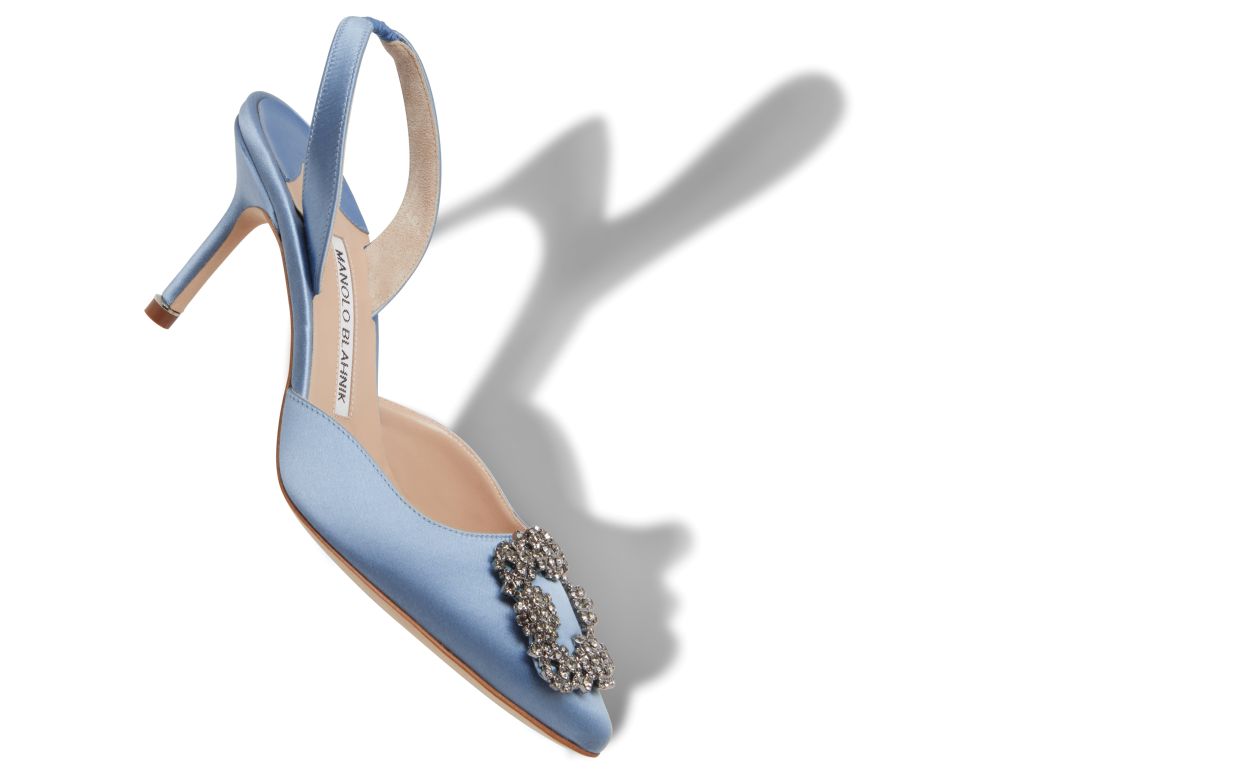 Light Blue Satin Jewel Buckle Slingback Pumps