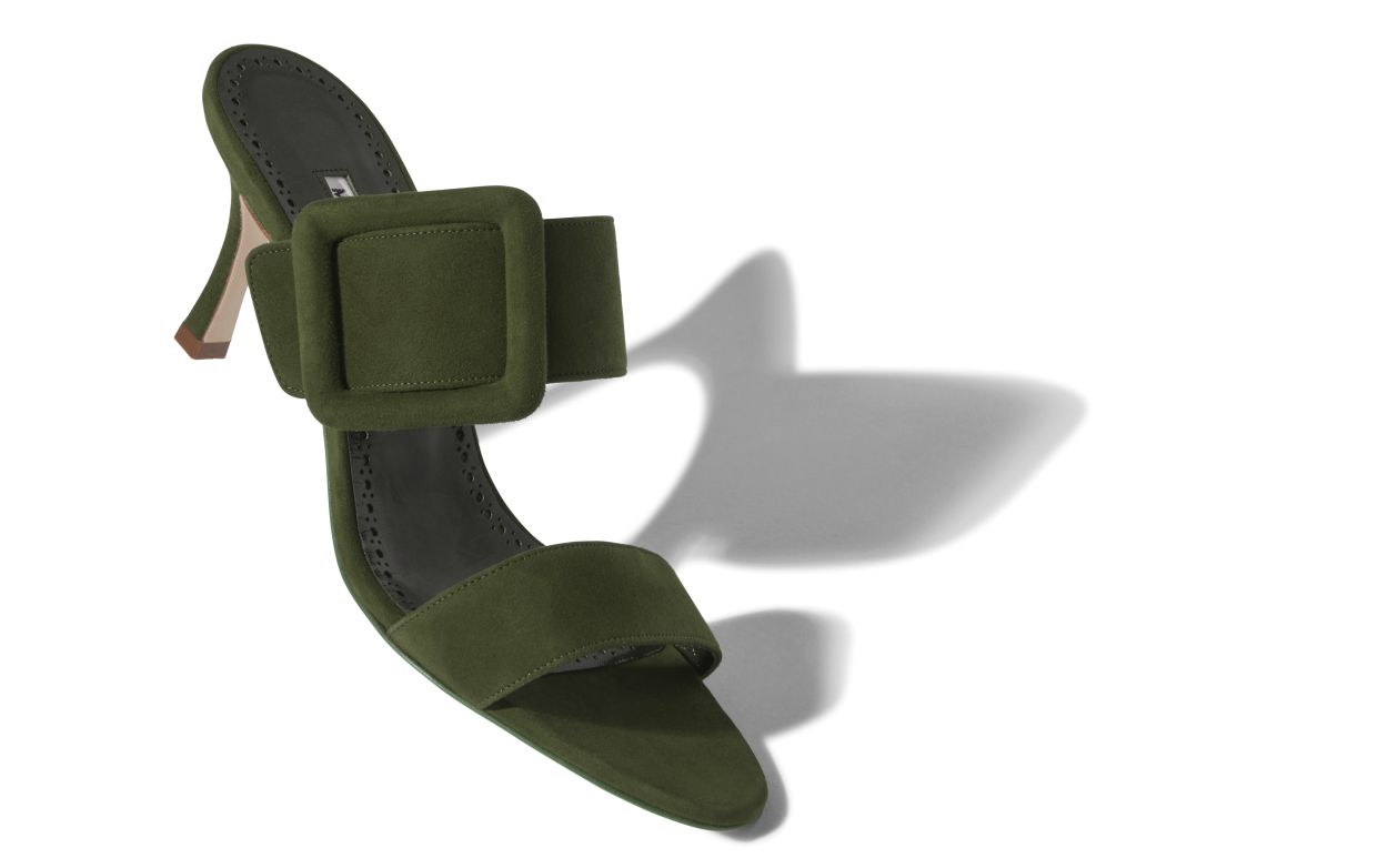 Dark Khaki Green Suede Open Toe Mules