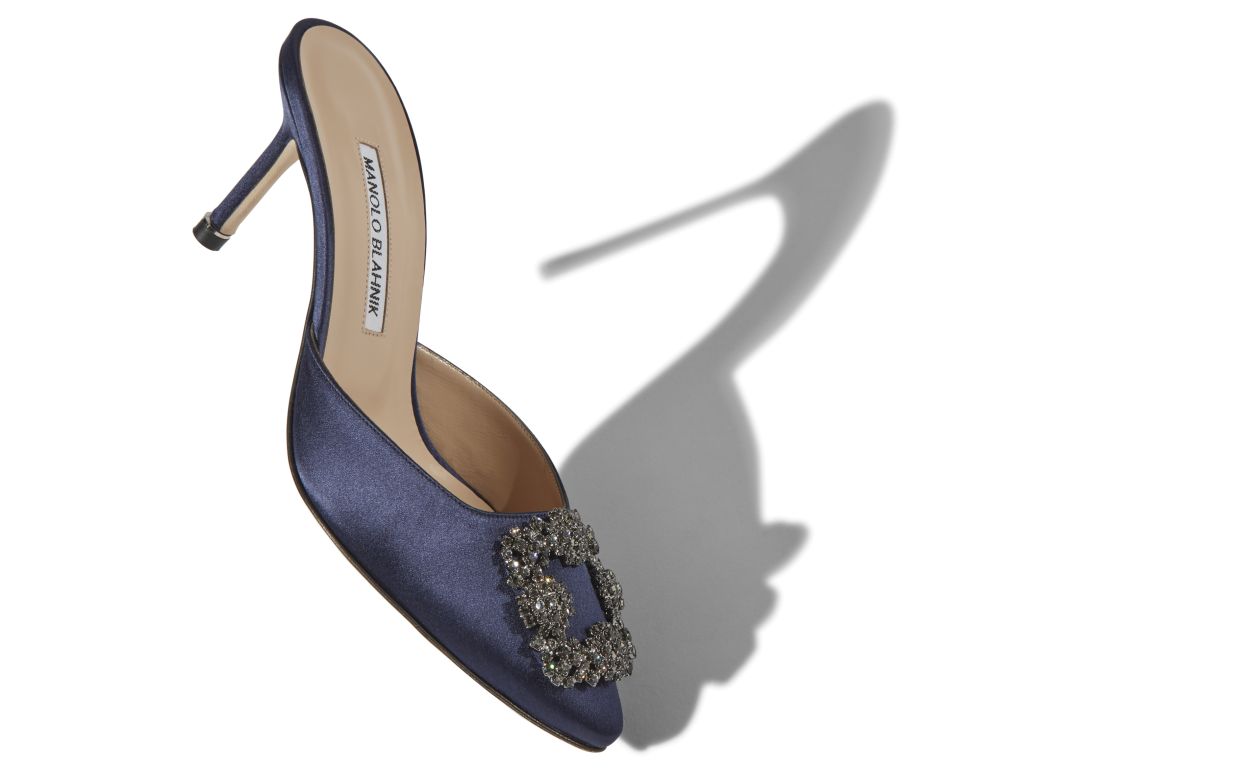 Navy Blue Satin Jewel Buckle Mules