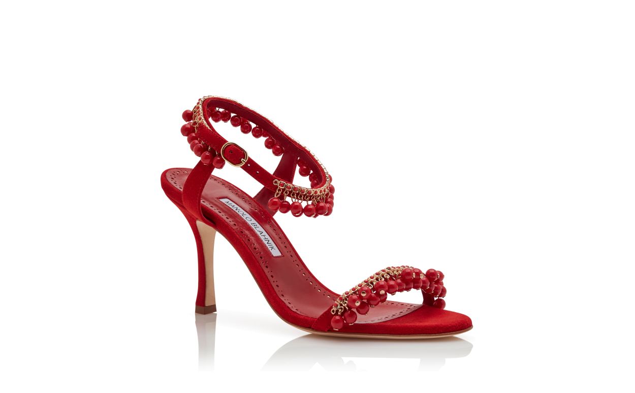 Red Suede Jewel Embellished Sandals